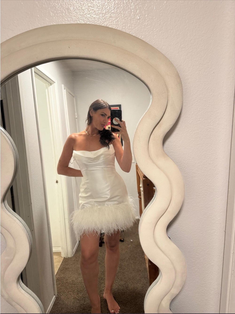 Strapless White Feather-Hem Satin Mini Dress